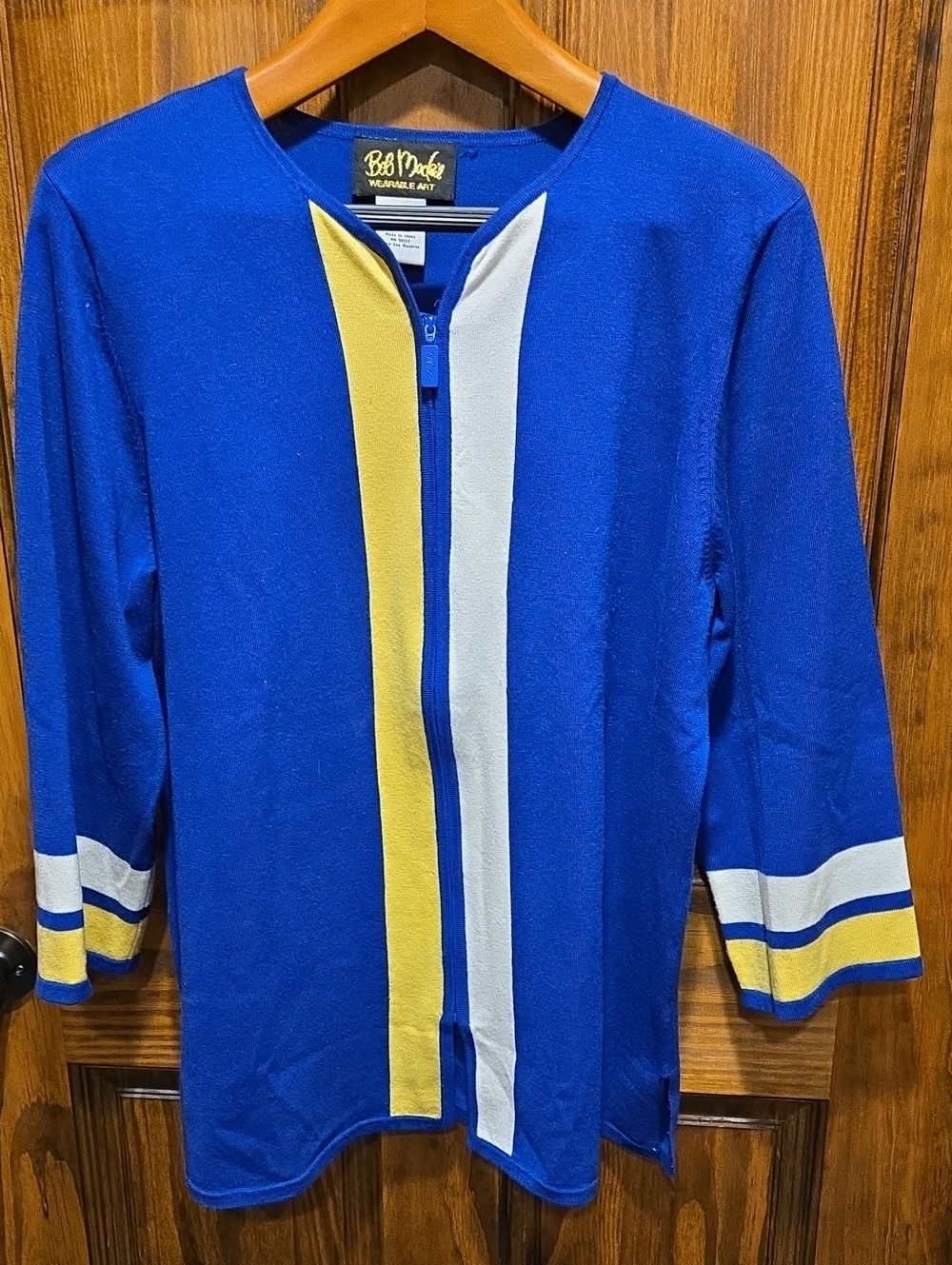 Bob Mackie Blue Zip-Front Cardigan with Yellow & White Stripes